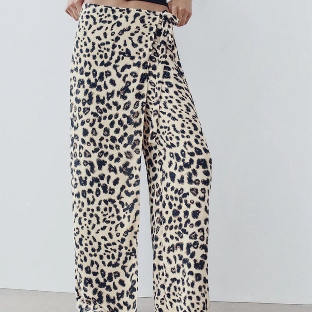 Zara Leopard Print Wide-Leg Wrap Pants - Cream/Black
